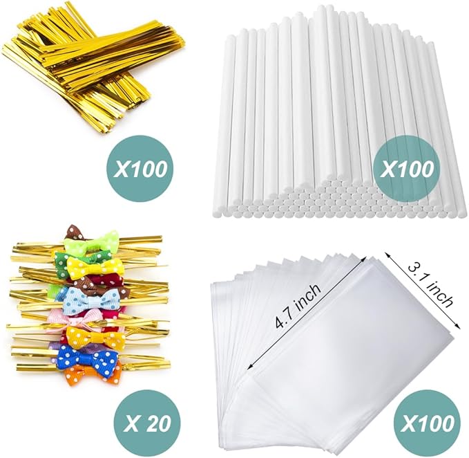 SOTMALTK 320Pcs Cake Pop Sticks and Wrappers Kit, 6inch Lollipop Sticks with Cake Pop Bags and Metallic Twist Ties Bow, Perfect for Making Lollipops,Candies,Chocolates and Cookies - Great for Parties