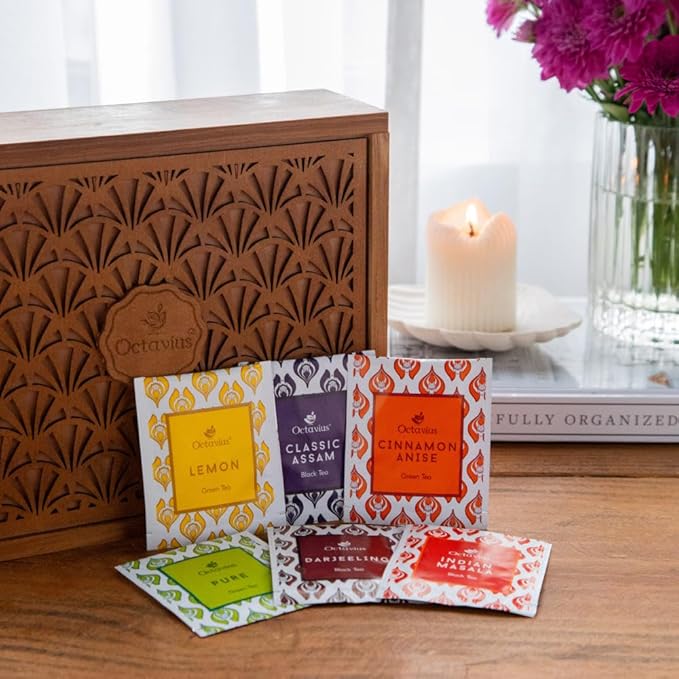 Octavius Tropical Palm Cutwork Wooden Tea Sampler Box | Premium Black & Green Tea Gift Set | 6 Flavors, 90 Tea Bags | Elegant Teas Gift Box for Tea Lovers