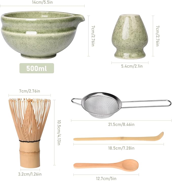 7 Pcs Matcha Whisk Set,Chasen Whisk,Matcha Bowl with Spout,Whisk Holder,Stainless Steel Sifter,Spoon,Scoop,Gift for Matcha Lovers