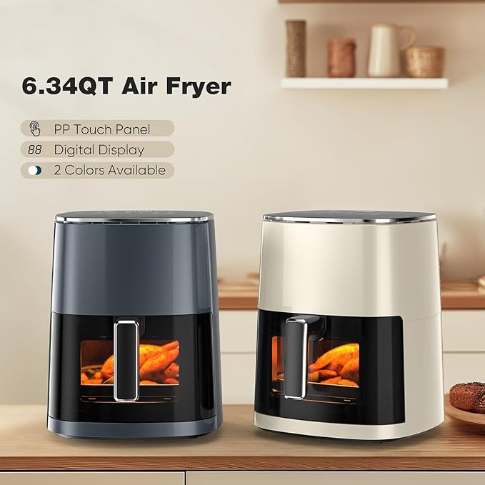 Hexago Air Fryer-6.34 QT Large Airfryer with Clear Window, 12-in-1 Air Fry, Roast, Reheat, Dehydrate, Bake, Steam with 400F, Touchscreen Controls, Beige