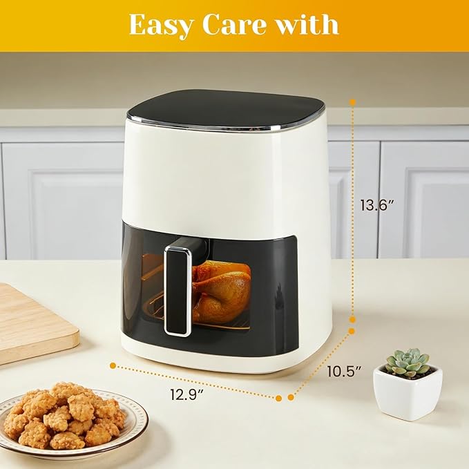 6-Quart Square Air Fryer with Viewing Window – 12-in-1 Multi-Function Appliance for Frying, Roasting, Baking, Steaming & Dehydrating, 400°F Maximum Temperature, Beige