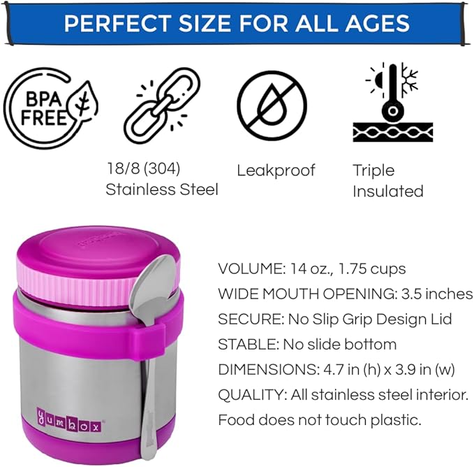 Yumbox Zuppa Leak-Proof Insulated Food Jar, 14 oz (1.75 cups), Triple Insulated Stainless Steel, Keeps Food Hot for 6 Hours, Cold for 12 Hours, Wide Mouth with Removable Utensil Band, Bijoux Purple