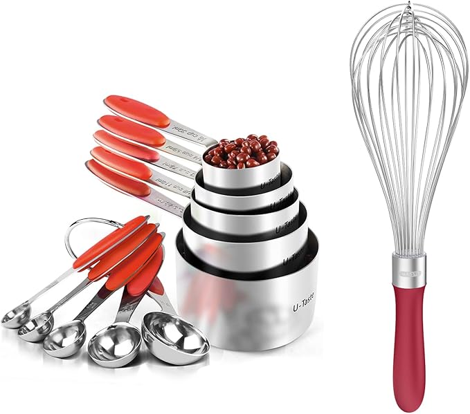 U-Taste 18/8 Stainless Steel Measuring Cups and Spoons (Set of 10, Red), and 18/10 Stainless Steel Balloon Whisk for Kitchen Cooking with 12 Flex Wires (Red)