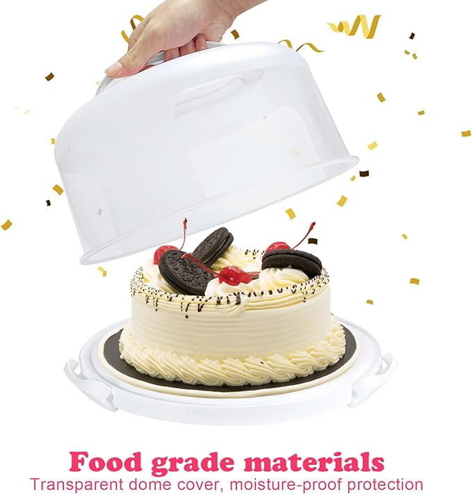 Cake Carrier with Lid and Handle, Fit 10’’ Cake Stand with Lid, Cake Transport Storage Container, Cake Containers Cover Stand with Lids, 3 Secure Side Closures (White)