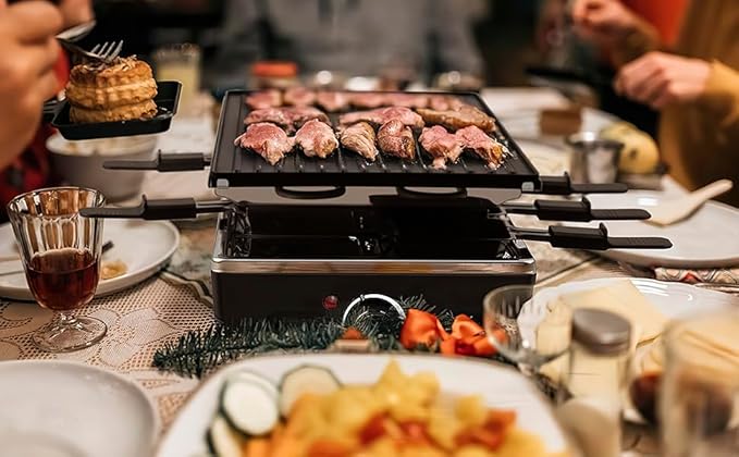 Raclette Table Grill, Techwood Electric Indoor Grill Korean BBQ Grill, Removable 2-in-1 Non-Stick Grill Plate, 1500W Fast Heating with 8 Cheese Melt Pans, Ideal for Parties and Family Fun (Black)