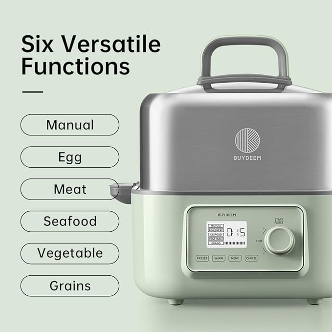 BUYDEEM G67US Electric Food Steamer for Cooking, 1 Tire Stainless Steel Steamer with Manual Mode, 1500W, 7 Quart, Green