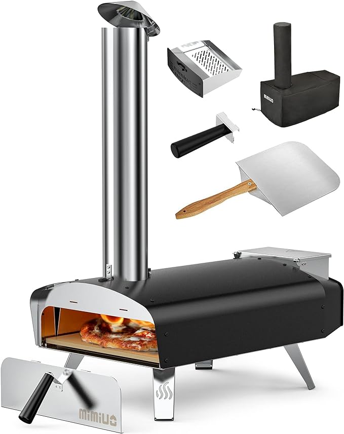 Mimiuo 12" Outdoor Wood Pellet Pizza Oven, 34.8 lbs Heavy Duty Stainless Steel Pizza Stove - 60 Second Pizza, Includes 13" Square Stone Foldable Peel & Cover - Portable for Backyard Camping