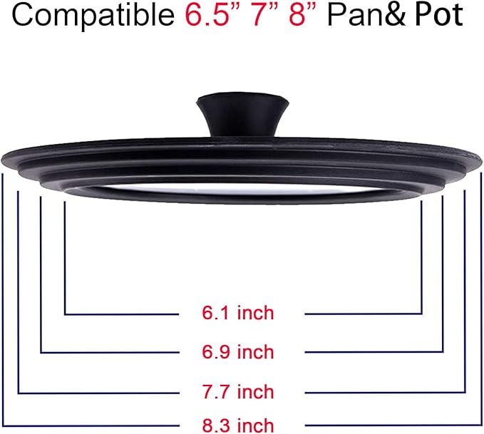 Universal Lid for Pots, Pans and Skillets - Tempered Glass with Heat Resistant Silicone Rim and Heat Resistant Handle Fits 6.5", 7" and 8" Diameter Cookware, Black