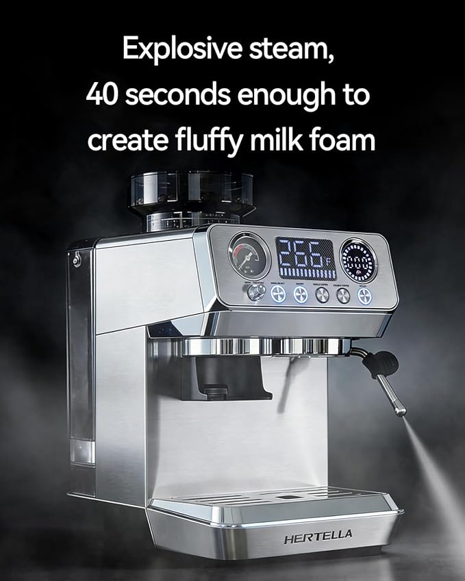 HERTELLA Espresso Machines with Burr Grinder, 20 Bar Visual Pressure Gauge, Milk Frother Steam Wand, Stainless Steel, 4 Temperature Modes (Hot and Cold Brew)，Automatic Pressure Release Function