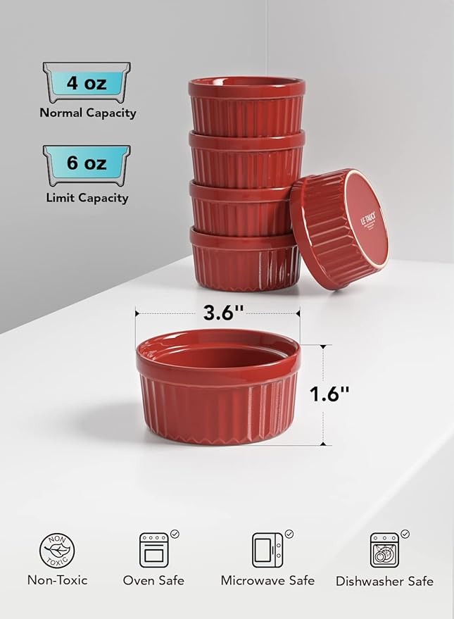 LE TAUCI Ramekins 4 OZ Oven Safe, Creme Brulee Ramekins, Pudding Custard Cups Souffle Ramiken, Dipping Sauce Dishes, Ceramic Ramekin Bowls Set of 6, True Red
