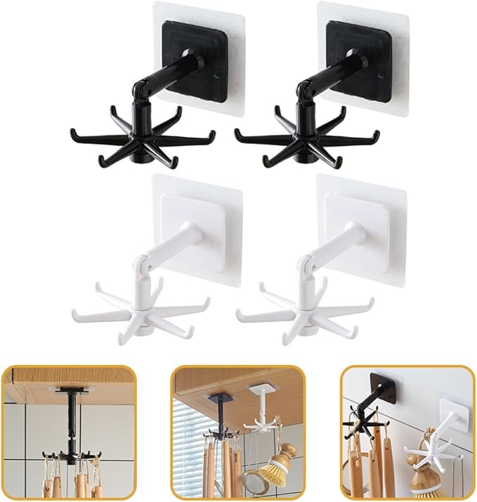PRETYZOOM 4pcs 360-degree Rotatable Kitchen Utensil Hooks Under Cabinet Hanging Holder Set, No Drilling Wall Mount Hook for Kitchen Organization, Black and White