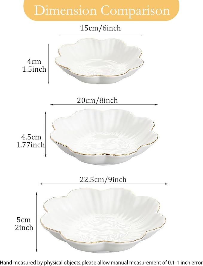 Porcelain Serving Dish,Ceramics Flower Relish Tray with Metallic Rim,Serving Bowls for Wedding,Party Perfect for Small Cereal, Pasta, Salad, Candy and Snacks White 9 inch