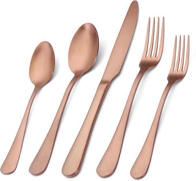 Matte Rose Gold Silverware Set , Satin Finish 20-Piece Stainless Steel Flatware Set with Round Edge,Kitchen Utensil Set Service for 4 , Dishwasher Safe