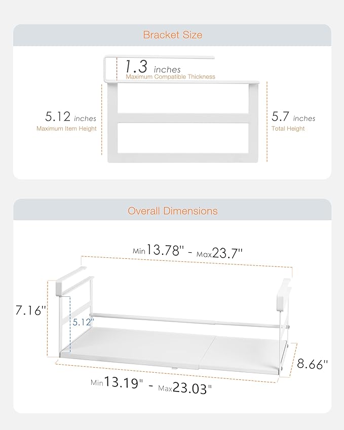 2Pack Under Shelf Storage Basket Organizer Expandable Width Add-On Space Saver Hanging Under Cabinet Pantry Kitchen Countertop Desktop Board Slide-In White Heavy-Duty Metal Higher & Wider Size
