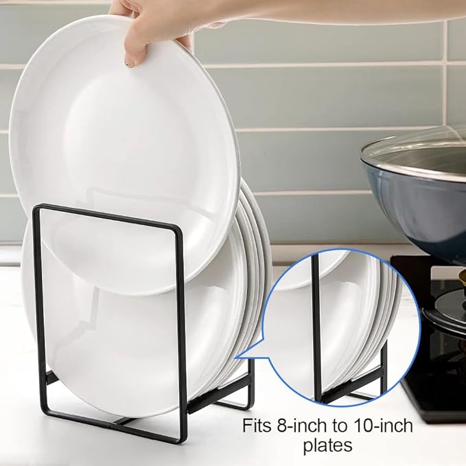 2 Pack Kitchen Plate Holder Organizer for Cabinet Space Saver, Kitchen Dish Storage Drying Racks, Metal Upright Dish Stand for Counter Cupboard (Black)