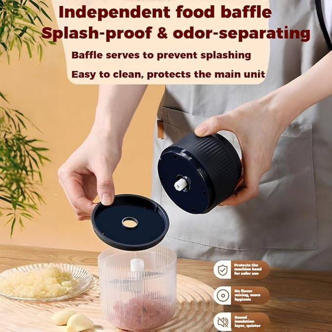 300ML USB Rechargeable Electric Garlic Chopper, Mini Portable Veggie Cutter with Eggbeater&4/6 Knife Heads, Veggie Chopper with Container and Lid, Vegetable Crusher (Blue A)