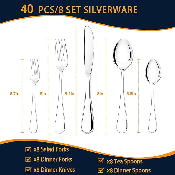 NICE KITCHEN Silverware Set, 40 Piece Stainless Steel Cutlery Sets for 8, Heavy Duty Flatware, Mirror Polished Forks Spoons and Knives Set, Reusable Utensils for Home Kitchen, Dishwasher Safe