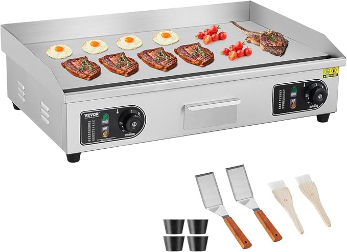 VEVOR Commercial Electric Griddle, 2800W Countertop Flat Top Grill, 122℉-572 ℉ Adjustable Temp, 29in Stainless Steel Griddle Grill with 2 Shovels and 2 Brushes for Home or Restaurant(110V No Plug)