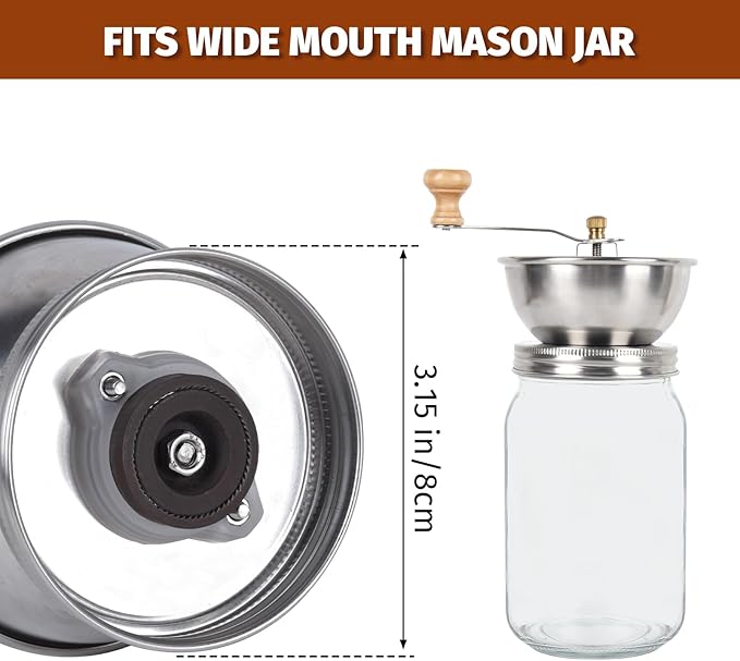 Mason Jar Coffee Grinder, Manual Coffee Grinder Lid Attachment for Wide Mouth Mason Jars, Stainless Steel Mason Jar Lid and Ceramic Burr,Ideal for Camping & Home Barista