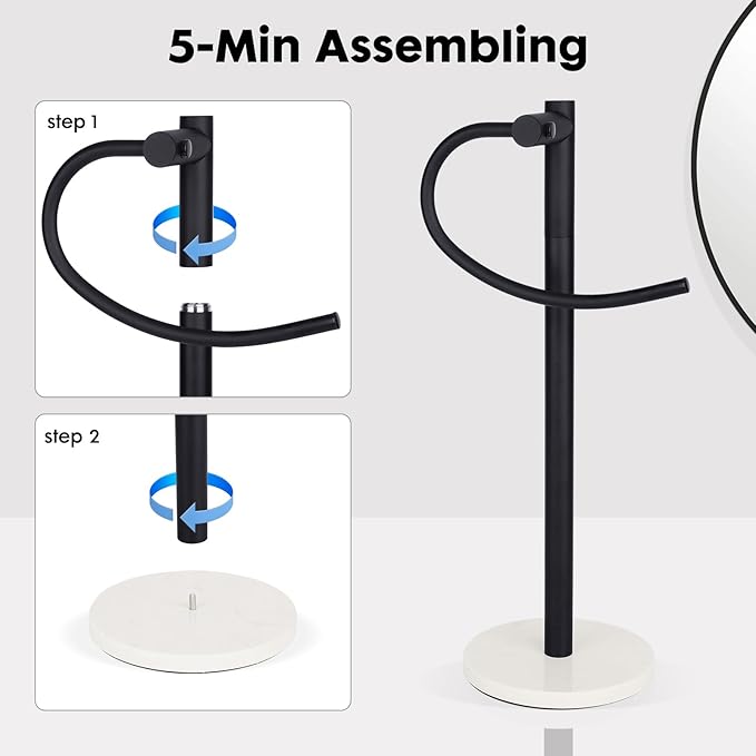 19 inch Matte Black Hand Towel Holder Stand ,Hand Towel Bar Bathroom Vanity Countertop Towel Holder Free Standing,Stainless Steel Towel Ring Hardware Accessories Towel Rack