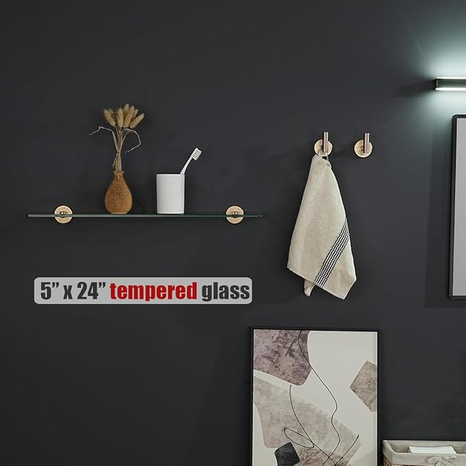 JQK Bathroom Glass Shelf, Tempered Glass Shower Storage 24 by 5 inches, 304 Stainless Steel Champagne Bronze Wall Mount, TGS101L24-CB