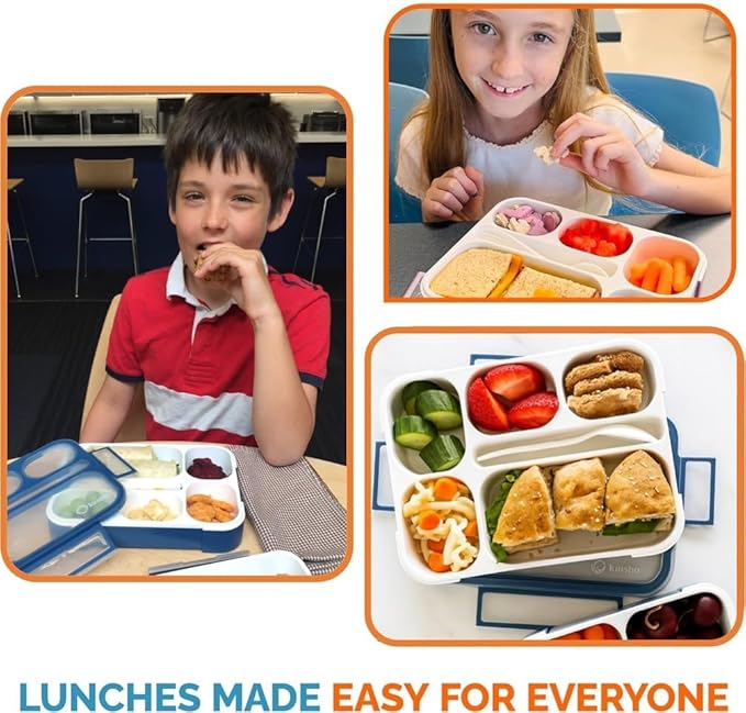 kinsho Lunch Boxes for Boys Teens Adults - Bento Box Set with Insulated Bag and Ice Pack, 6 Compartment Leak Proof Food Container, BPA-Free, Microwave Safe, Ideal for School & Work, Navy Blue