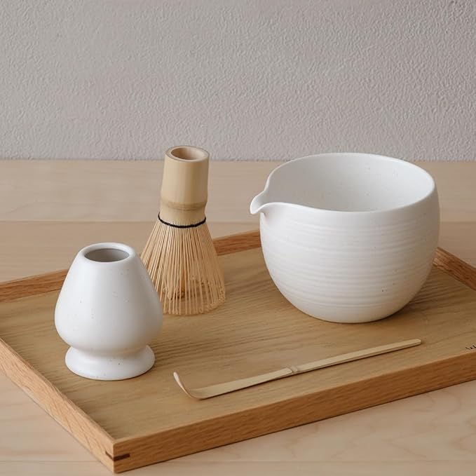 Matcha Whisk Set, Ceramic Matcha Bowl & Whisk Holder, Bamboo Accessory, Modern Design (White, Pouring Spout)