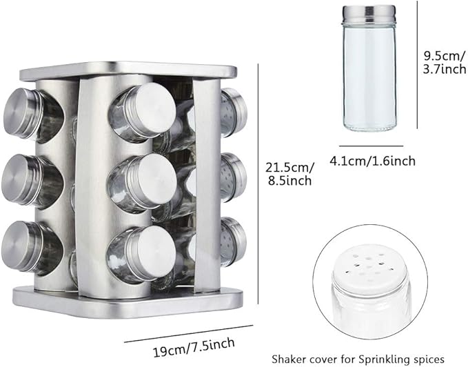 Rotating Spice Rack Organizer with 12 Jars - Revolving Standing Seasoning Tower with 12 Glass Bottles for Countertop Kitchen Cabinet, Stainless Steel, Silver
