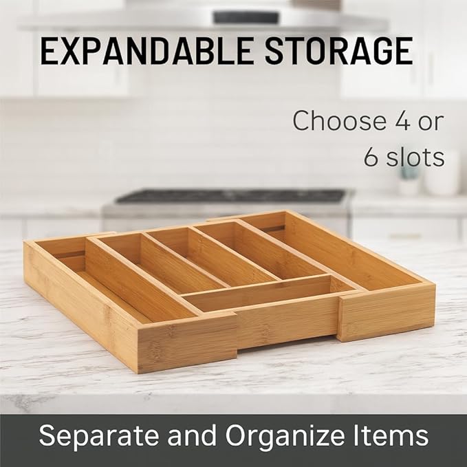 HIC Kitchen Expandable 6-Slot Silverware Cutlery Utensil Storage Tray, Natural Bamboo, Opens to 14-Inches