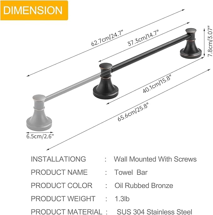 BESy Adjustable Bronze 16 to 26 Inch Bath Towel Bar Rack for Bathroom Towel Holder, Wall Mounted Towel Bar Rod Hanger Bathroom Hardware Accessories Hotel Style, Stainless Steel, Oil Rubbed Bronze