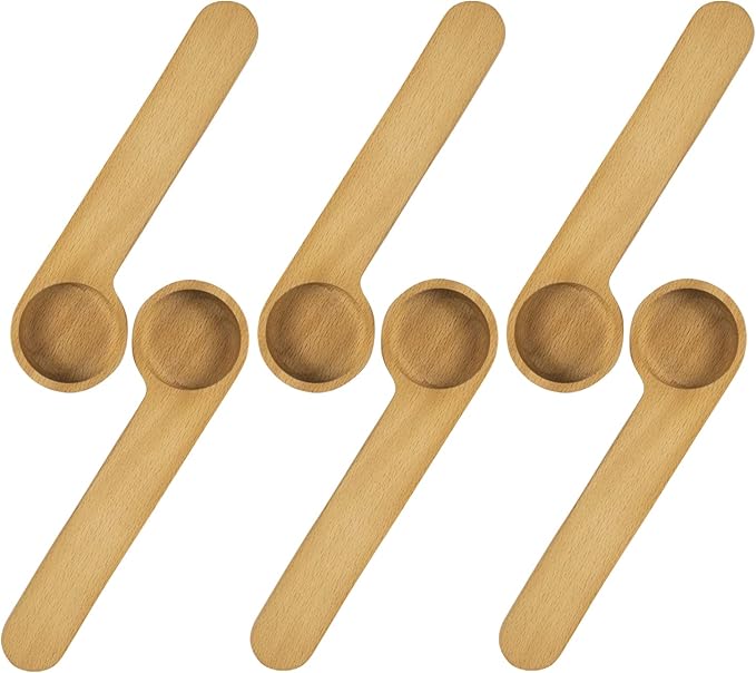 Wooden Coffee Scoop and Bag Clip, Tablespoon Wood Measuring Scoop with Bags Sealer, 2-In-1 Bags Sealer Measuring Spoon for Beans, Espresso Coffee, Tea (6)