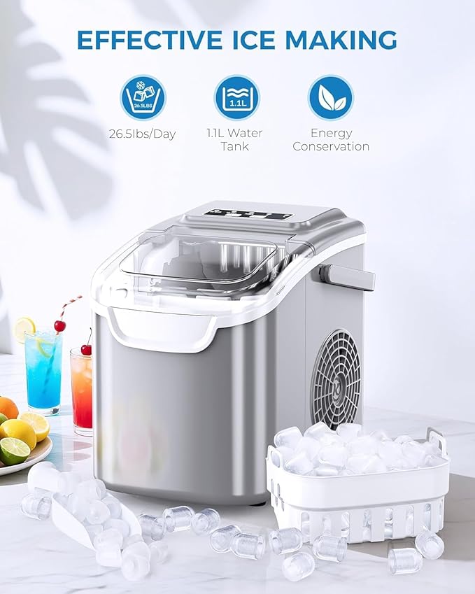 Countertop Ice Maker Machine, Portable Compact Small Bullet Ice Maker with Self Cleaning Function Makes 8 Cubes in 6 Minutes, Up to 26lbs in 24 Hours, Ideal for Camping Dorm Home Outdoor Use (Grey)