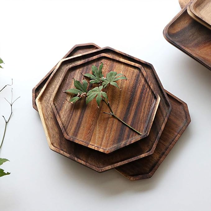 Set of 2 Acacia Wood Charcuterie Boards Round Wooden Serving Tray Fruit Platter Decor Trays Serving Ware Food Dish Serving Platters Christmas Cheese Board Square Party Trays Plate Hosting Essentials