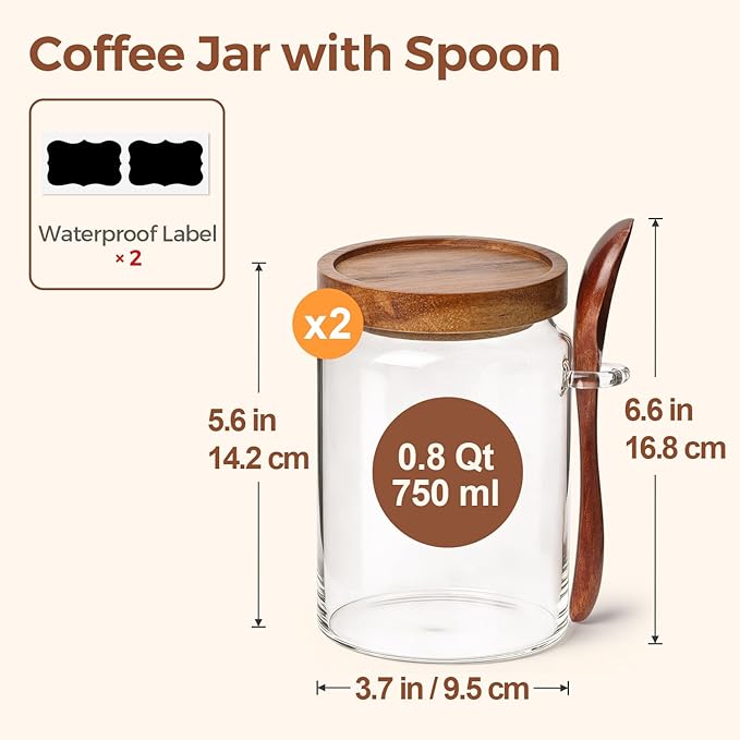 ComSaf of 2(0.8Qt) Glass Coffee Canister, Airtight Coffee Container with Spoon for Coffee Lovers to Store Whole Beans or Grounds, Coffee Jar Organize Coffee Bar & Office Tabletop