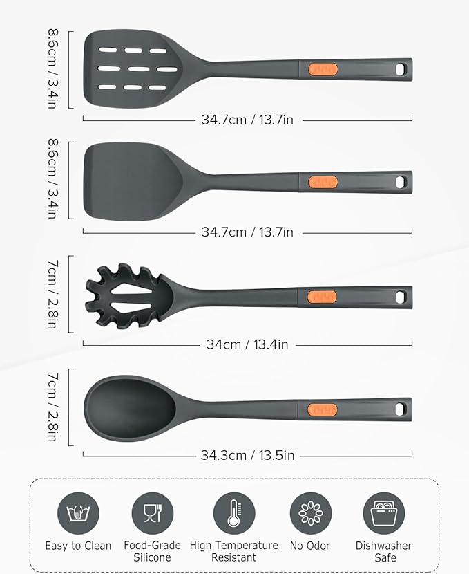 Silicone Spatulas and Spaghetti Spoons, 4 Pack Heat Resistant Full Silicone Cooking Utensils Set, Non Stick Large Kitchen Spatula Spoons for Cooking, Mixing, Serving, Draining