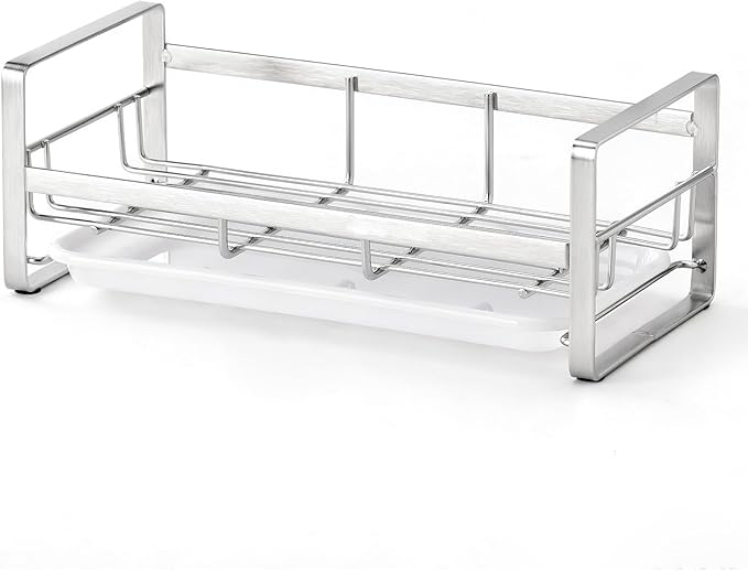 HULISEN Large Sponge Holder, 304 Stainless Steel Kitchen Soap Dispenser Caddy Organizer, Countertop Soap Dish Rack Drainer with Removable Drain Tray, not Including Dispenser and Brush, Silver
