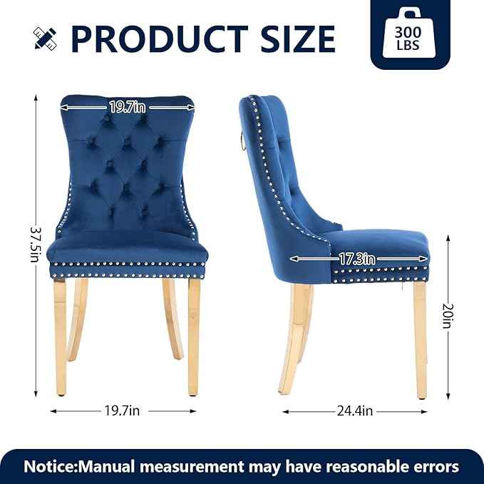 Blue Velvet Dining Chairs Set of 4, Dining Room Chairs Set of 4, Tufted Upholstered Dining Room Chair, Back Ring Pull Trim, Golden Stainless Steel Legs, Blue