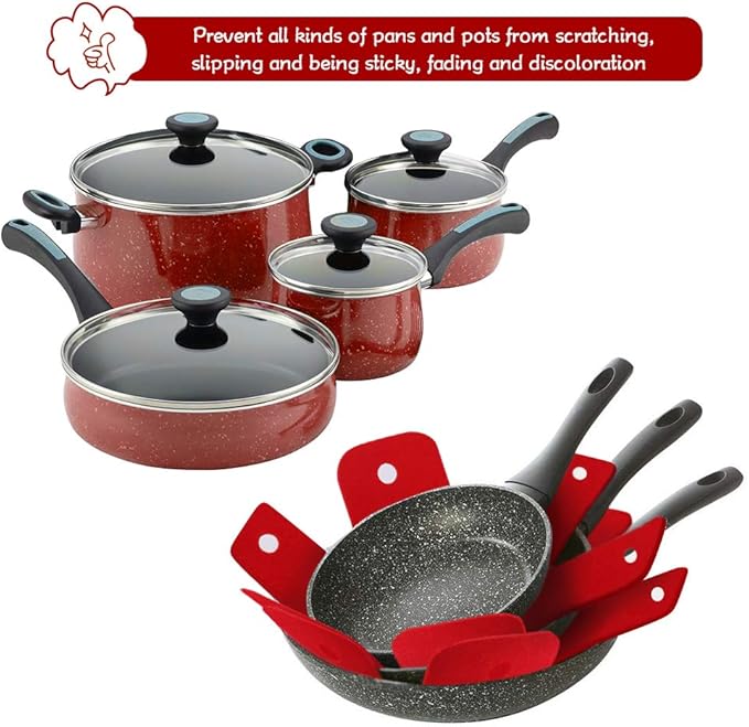 BYKITCHEN Pot Pan Protectors, Set of 12 and 4 Different Sizes, Larger & Thicker Red Pan Protector Pads, Pan Pot Separator Pads for Stacking and Protecting Your Cookware(10/12/14/16inch)
