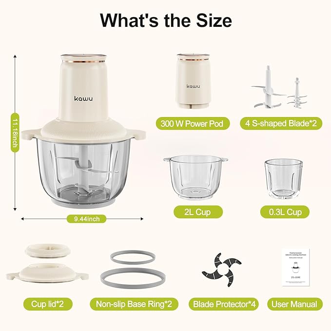 Kawu Electric Food Processor & Meat Grinder, 8 Cup (2L)+0.3L Glass Bowls, 2 Speeds with Stainless Steel Blades, 300W Mini Vegetable Chopper Food Blender for Home Kitchen