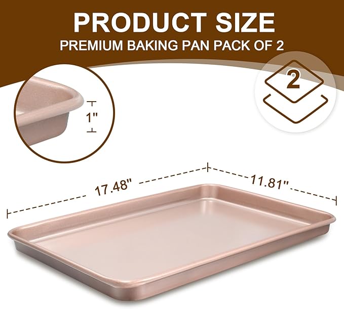 Wildone 2 Pack Half Sheet Baking Pans, Nonstick Baking Sheet for Oven, Thicker Carbon Steel Cookie Sheet 17.5x12 Inch, Heavy Duty & Easy Clean, Rose Gold