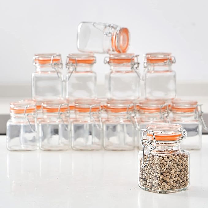 3.4 oz Small Glass Spice Jars with Lables, 24 Pack Empty Mini Square Spice Bottles with Airtight Flip Top Lids, Chalkboard Labels and Collapsible Funnel for Home and Kitchen