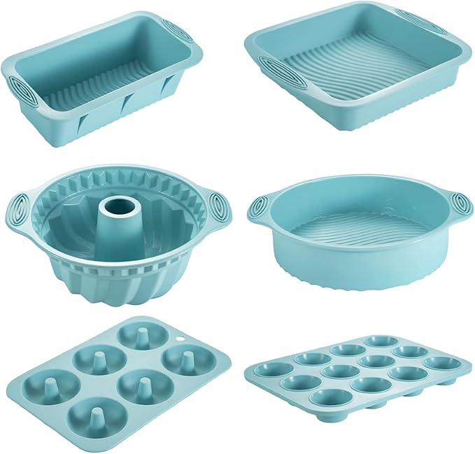 Nonstick Silicone Bakeware Set, 6 set Baking Cake Pan, Economical BPA Free Heat Resistant Bakeware Tools for DIY Loaf Bread Cheesecake Pizza Cupcake Muffin (Blue)