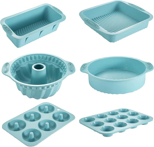 Nonstick Silicone Bakeware Set, 6 set Baking Cake Pan, Economical BPA Free Heat Resistant Bakeware Tools for DIY Loaf Bread Cheesecake Pizza Cupcake Muffin (Blue)