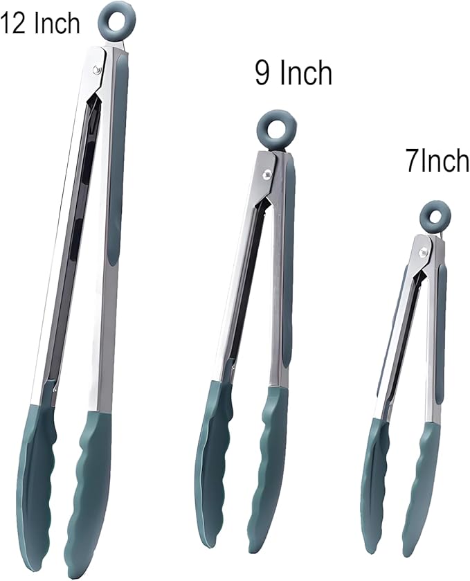 Kitchen Tongs with Silicone Tips,Tongs for Cooking Heat Resistant 600 Degrees Stainless Steel Locking Tongs,Dark green Set of 3-7", 9" and 12"