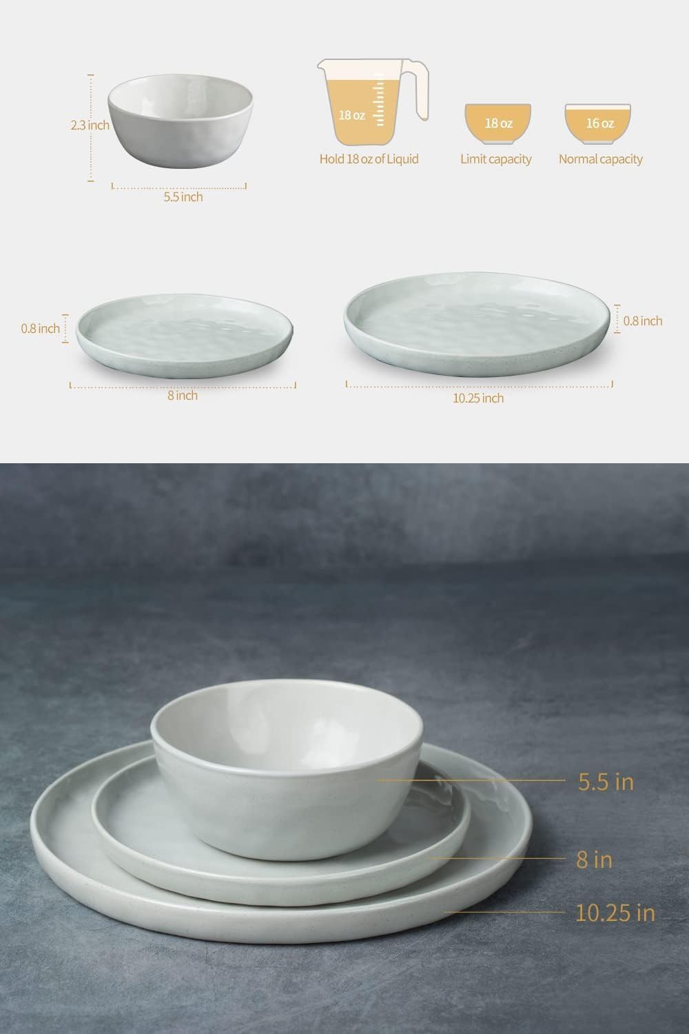 Famiware Mars Plates and Bowls Sets, 24 Pieces Dinnerware Sets, Dishes Set for 8, White