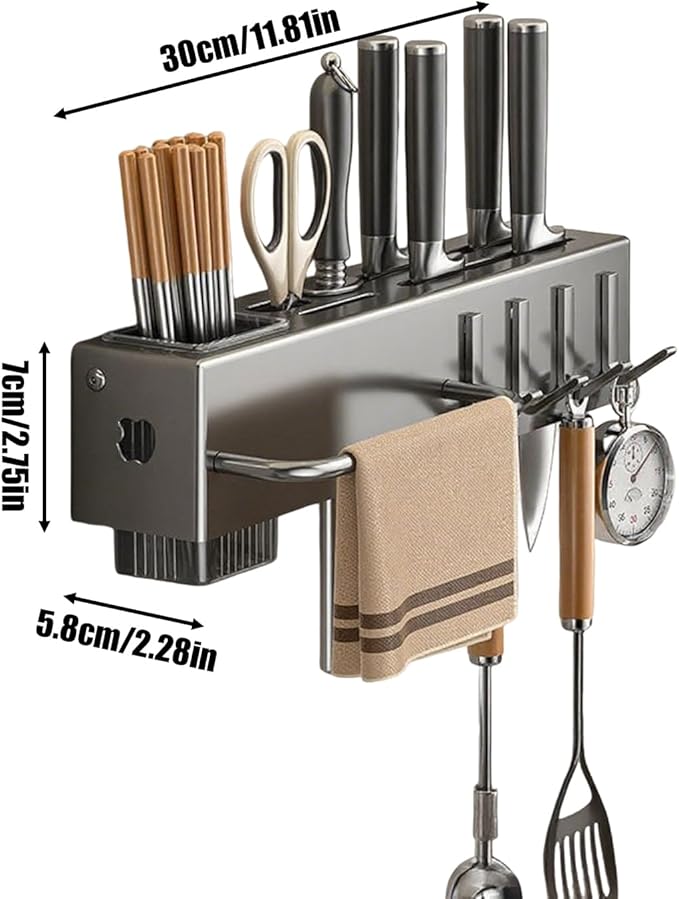 Utensil Holder – Kitchen Wall Organizer | No-Drilling Wall Mount Cutlery Storage Rack With Hooks, Towel Hanger For Spatula, Spoon, Mug & Kitchen Accessories Organization And Space Saving