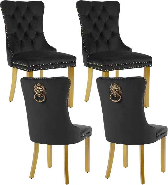 Velvet Dining Chairs Set of 4, Modern Tufted Dining Room Chair, Upholstered Dining Chairs with Lion Head Pulls Ring and Golden Solid Wood Legs, Luxury Kitchen Chairs for Dining Room, Black