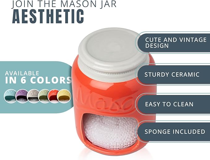 Comfify Ceramic Sponge Holder – Coral Mason Jar Sink Caddy – Farmhouse Kitchen Accessory with Free Sponge