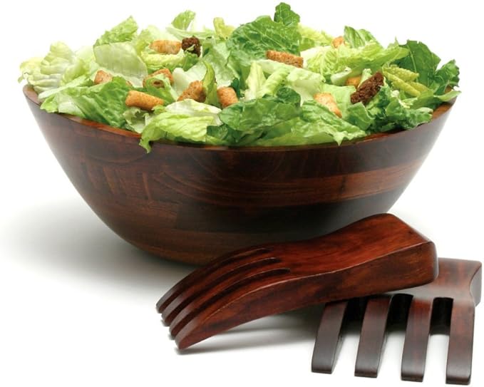 Lipper International Cherry Finished Wavy Rim Serving Bowl with 2 Salad Hands, Large, 13" x 12.5" x 5", 3-Piece Set