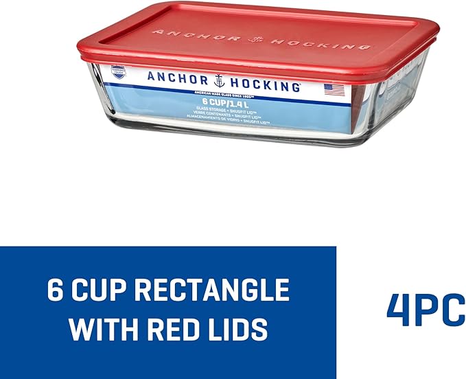 Anchor Hocking SnugFitTM Rectangular Food Storage Containers with Lids (4-Piece, 6-cup, Red, oven-safe)